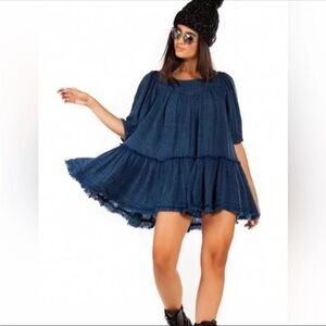Free People Mystery Land pleated tunic, sz XS gauze peasant boho blue mini dress